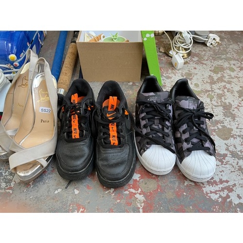 804 - A collection of various items to include a pair of Adidas Superstar size 6 trainers, pair of Nike si... 