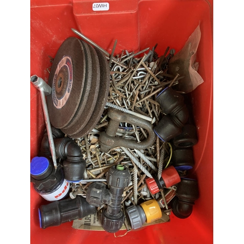 773 - Six plastic containers containing a large quantity of screws, nuts, bolts, electrical cable etc.