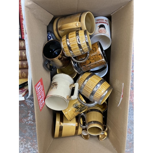 789 - Four boxes containing assorted house clearance items to include five Wade Barrel mugs, Wade Veteran ... 