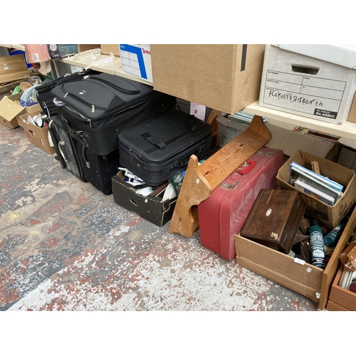 791 - Two boxes and seven suitcases containing assorted house clearance items to include Weylux weighing s... 