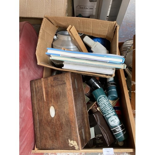 791 - Two boxes and seven suitcases containing assorted house clearance items to include Weylux weighing s... 