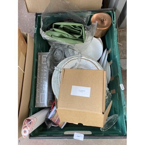 797 - Three boxes containing house clearance items to include alabaster table lamp, ceramics, glassware, s... 