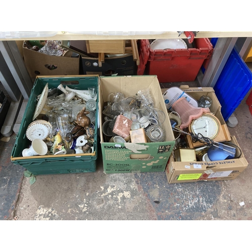 798 - Three boxes containing house clearance items to include ceramics, glassware, semi precious stone tri... 