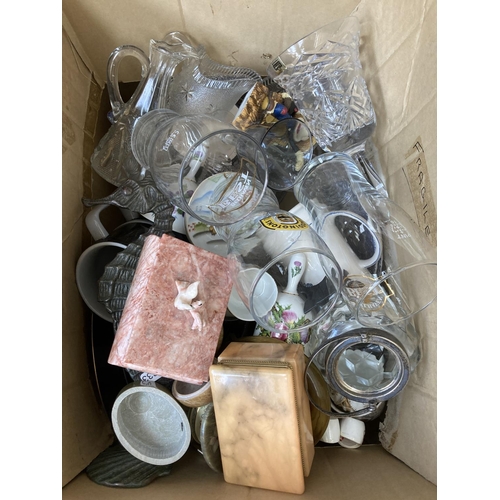 798 - Three boxes containing house clearance items to include ceramics, glassware, semi precious stone tri... 