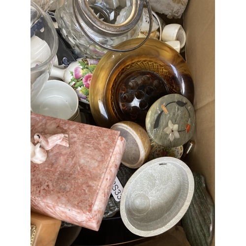 798 - Three boxes containing house clearance items to include ceramics, glassware, semi precious stone tri... 