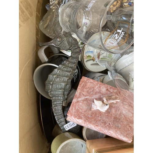 798 - Three boxes containing house clearance items to include ceramics, glassware, semi precious stone tri... 