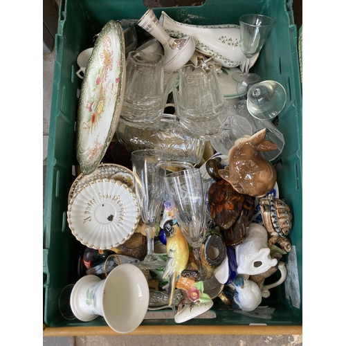 798 - Three boxes containing house clearance items to include ceramics, glassware, semi precious stone tri... 