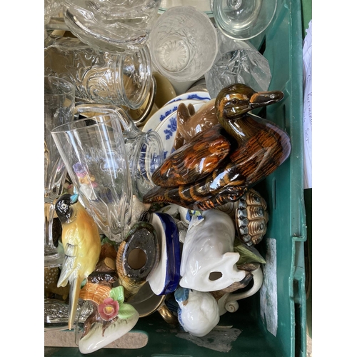 798 - Three boxes containing house clearance items to include ceramics, glassware, semi precious stone tri... 