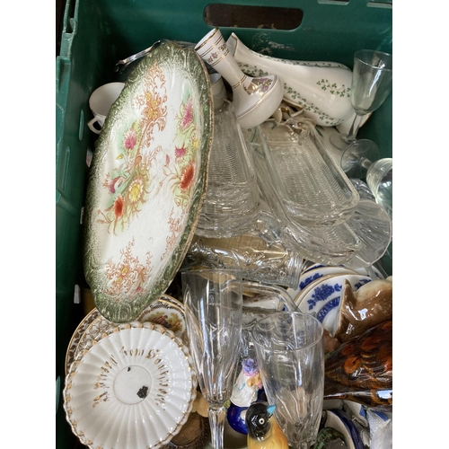 798 - Three boxes containing house clearance items to include ceramics, glassware, semi precious stone tri... 