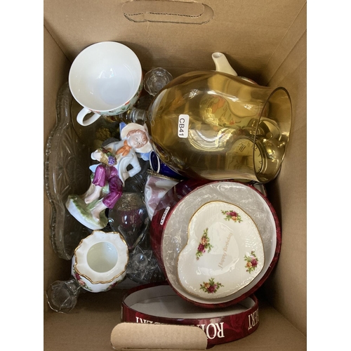 801 - Two boxes containing house clearance items to include Royal Albert Old Country Roses vase and trinke... 