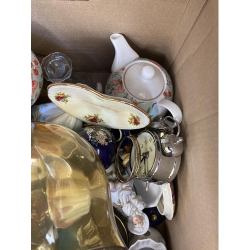 801 - Two boxes containing house clearance items to include Royal Albert Old Country Roses vase and trinke... 