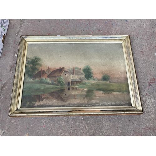 807 - A box containing assorted items to include framed prints, oil on canvas, Duplex brass oil lamp, fram... 