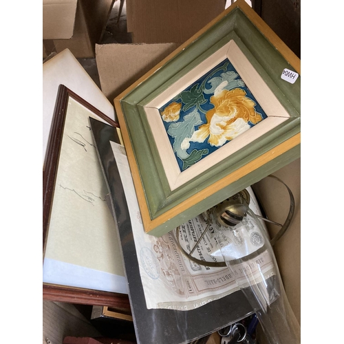 807 - A box containing assorted items to include framed prints, oil on canvas, Duplex brass oil lamp, fram... 