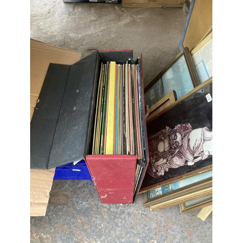 809 - Two boxes and one record case containing assorted items to include framed pictures, vinyl records, C... 