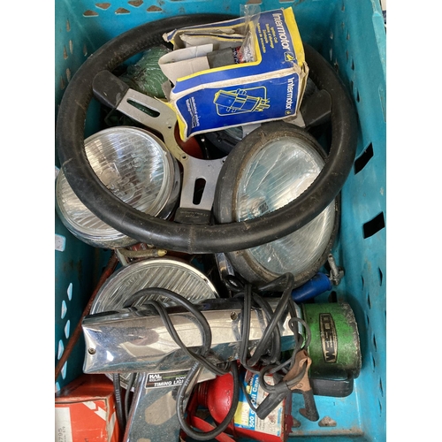 813 - Five boxes containing assorted items to include vintage oil cans, automobilia, plug sockets, Bush CD... 