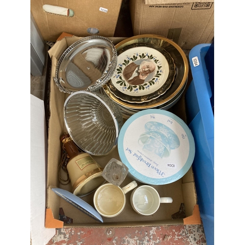 818 - Four boxes containing assorted items to include Wedgwood blue Jasperware plate, Citron quartz women'... 