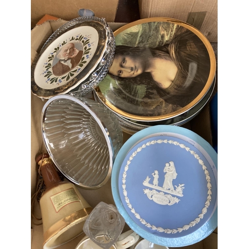 818 - Four boxes containing assorted items to include Wedgwood blue Jasperware plate, Citron quartz women'... 