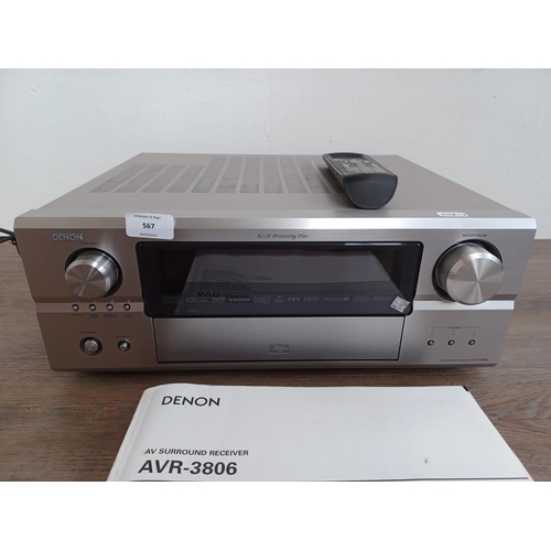 567 - A Denon AVR-3806 AV surround receiver with instruction manual and remote control