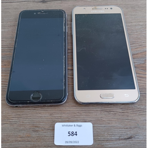 584 - Two smartphones, one Samsung Galaxy J5 and one Apple A1586 iPhone 6