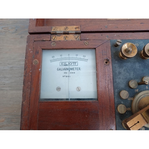 591 - A wood cased Elliott Wheatstone Bridge no. 6153 galvanometer electromechanical electric current meas... 