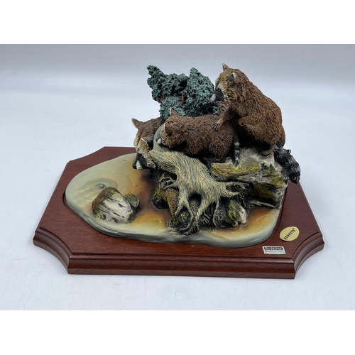 1 - A Bossons Fraser Art First Course Racoons limited edition Crown Collection stonite figurine on woode... 