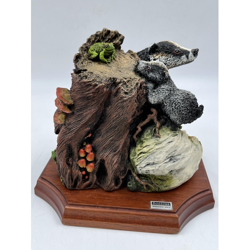 13 - A Bossons Fraser Art Crown Collection First Friends Badgers stonite figurine on mahogany plinth - ap... 