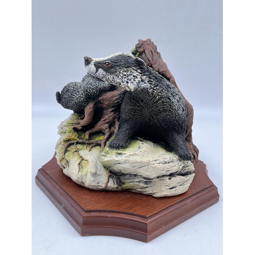 13 - A Bossons Fraser Art Crown Collection First Friends Badgers stonite figurine on mahogany plinth - ap... 