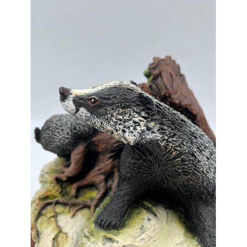 13 - A Bossons Fraser Art Crown Collection First Friends Badgers stonite figurine on mahogany plinth - ap... 