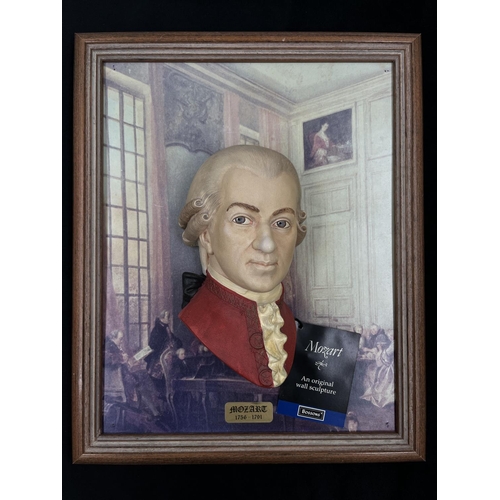 57 - Three items comprising two Mozart chalkware head wall masks; one being unpainted and one original di... 