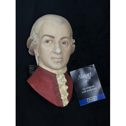 57 - Three items comprising two Mozart chalkware head wall masks; one being unpainted and one original di... 