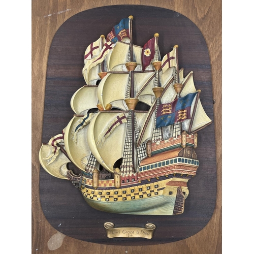 6 - A Bossons Fraser Art Henri Grace à Dieu 1514 Galleon on teak panel - panel approx. 44cm high x 35cm ... 