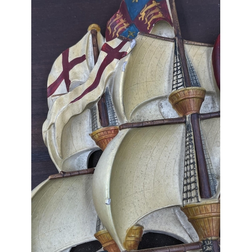 6 - A Bossons Fraser Art Henri Grace à Dieu 1514 Galleon on teak panel - panel approx. 44cm high x 35cm ... 