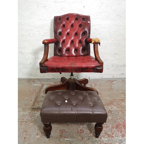 377 - Two items, one red leather Chesterfield style swivel office desk chair - approx. 99cm high x 60cm wi... 