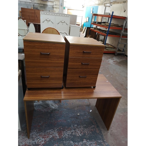 381 - Seven pieces of furniture to include teak effect office desk - approx. 75cm high x 132cm wide x 67cm... 