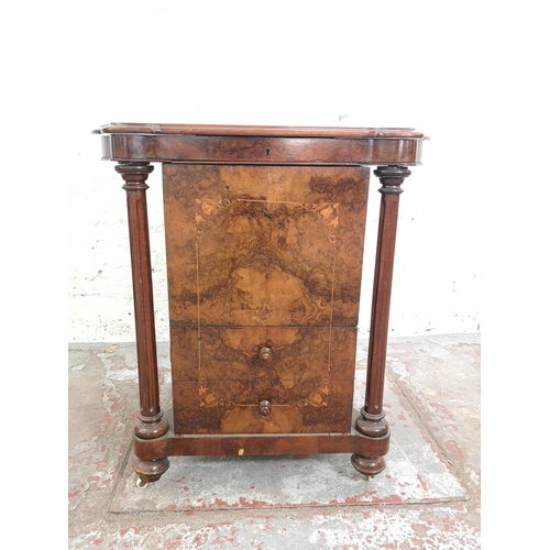 384 - A Victorian inlaid burr walnut sewing table with black leather insert and two lower drawers - approx... 