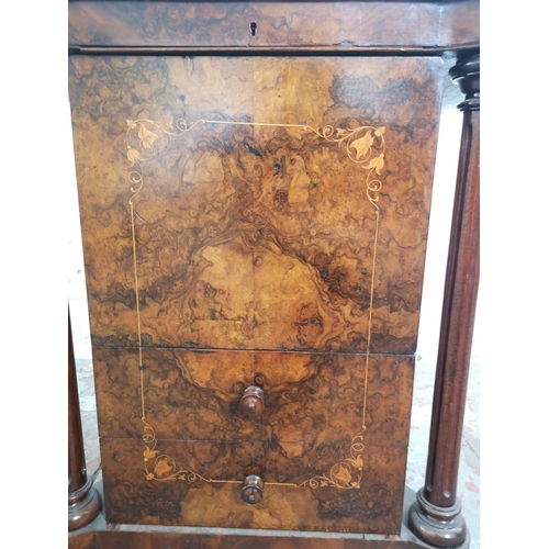 384 - A Victorian inlaid burr walnut sewing table with black leather insert and two lower drawers - approx... 