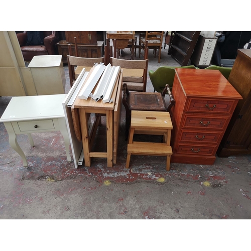 394 - Six pieces of furniture to include modern grey painted side table, beech two tread step stool, pine ... 