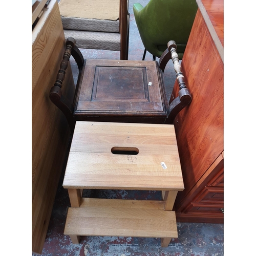 394 - Six pieces of furniture to include modern grey painted side table, beech two tread step stool, pine ... 