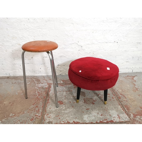 433 - Two mid 20th century footstools, one orange vinyl - approx. 56cm high x 30cm in diameter and one She... 