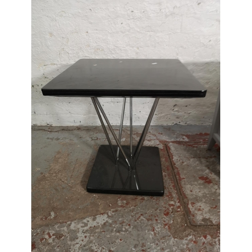 436 - Four pieces of furniture, silver painted two tier bedside table, black painted and chrome plated sid... 