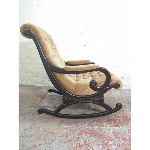 441 - A modern brown painted and beige upholstered slipper rocking chair - approx. 93cm high x 68cm wide x... 