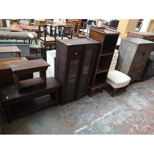 476 - Six pieces of furniture to include mid 20th century painted pine two door bookcase, mahogany three t... 