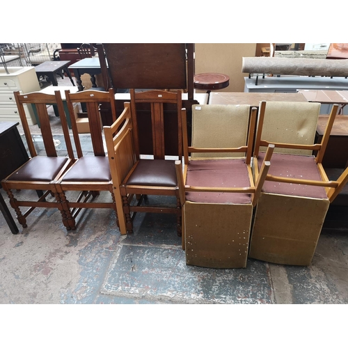 477 - Eight pieces of furniture, four mid 20th century green upholstered and beech dining chairs, three oa... 