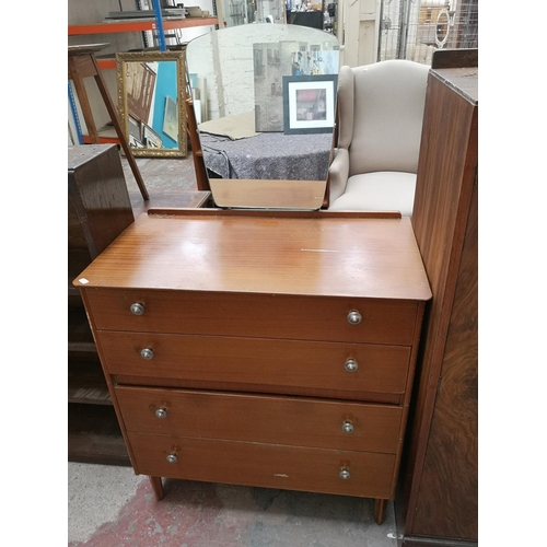 480 - Four pieces of furniture, walnut tallboy, teak chest of four drawers with upper mirror, oak four tie... 