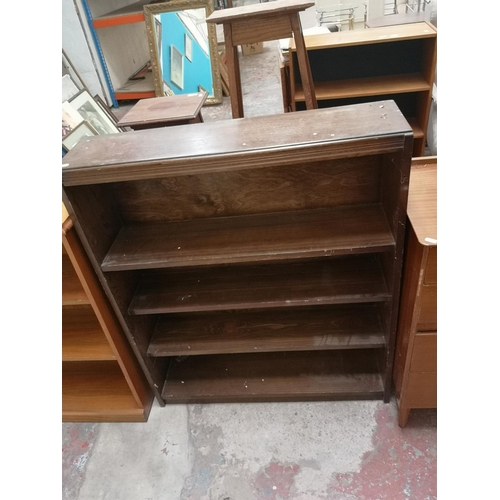 480 - Four pieces of furniture, walnut tallboy, teak chest of four drawers with upper mirror, oak four tie... 