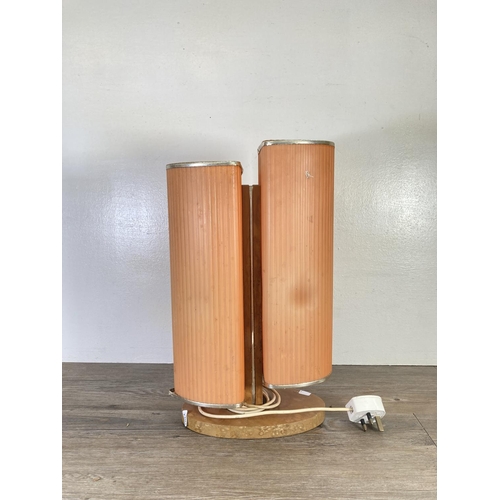 305 - A mid 20th century orange plastic and beech table lamp - approx. 46cm high