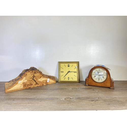 315 - Three various clocks, one burr walnut tree slice - approx. 52cm wide x 22cm high, one Smiths oak cas... 