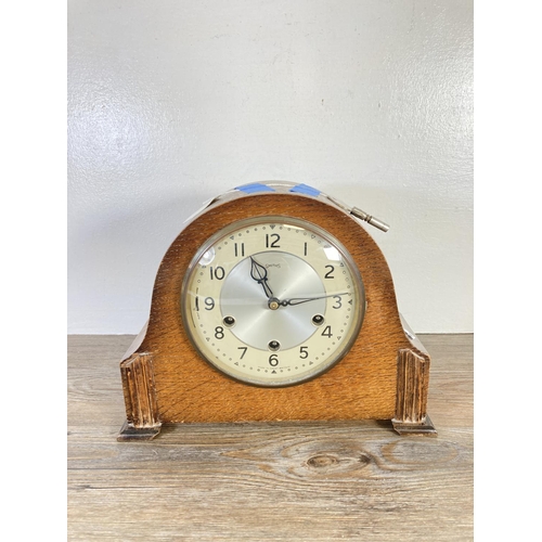 315 - Three various clocks, one burr walnut tree slice - approx. 52cm wide x 22cm high, one Smiths oak cas... 