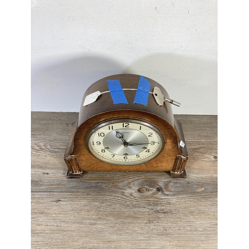 315 - Three various clocks, one burr walnut tree slice - approx. 52cm wide x 22cm high, one Smiths oak cas... 