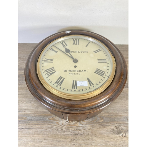 317 - A late 19th century Swinden & Sons Birmingham mahogany cased circular drop dial wall clock with pend... 